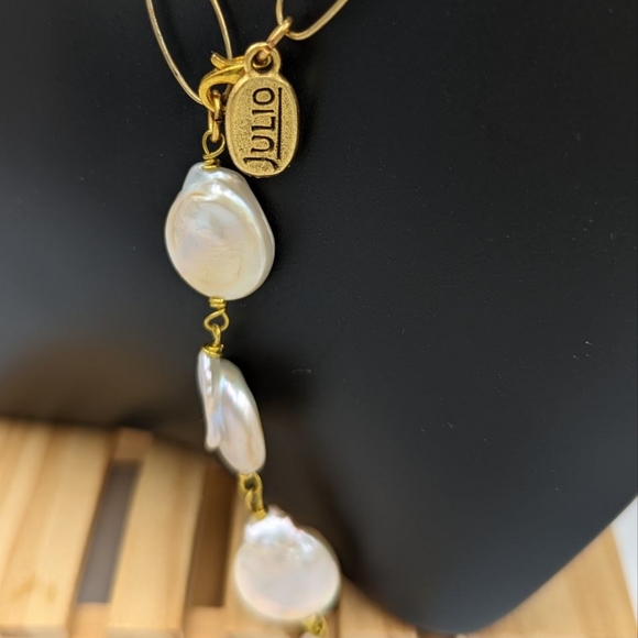 JULIO Coin Pearl Necklace Gold Tone Retired Freshwater Pearl 24 inch long Signed - Picture 6 of 15